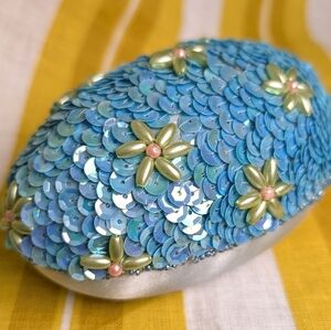 Vintage 1960's Trinket Beaded Sequins Blue & Pastel Green Floral Easter Egg 5x3"